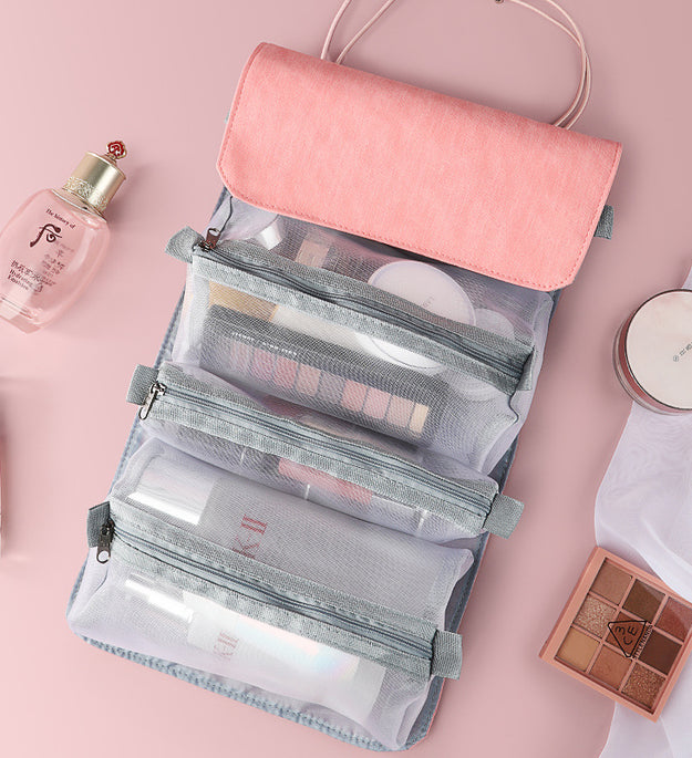Detachable Make-Up Bag Foldable Box Large Capacity 4-Room Travel Portable Inner Zipper Cosmetic Pack with Handle